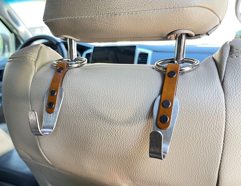 IQ Labs Headrest Hook Car Bag Back Seat for Car 2 Pack Rustic Brown Back Seat Organizer Purse Hook Hanger Premium Leather Stainless Steel Car Seat Head Rest Storage Organizer Universal For Handbag Purses - Image 2